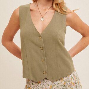 HEM & THREAD Sage Green Button Front Vest Top, Tailored Linen Look Tank